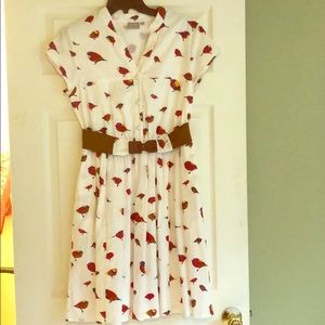 Belted bird midi dress